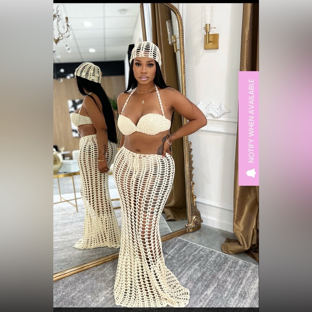 Crochet Bikini and Skirt Set in Cream